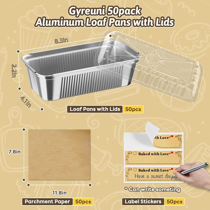 Gyreuni 50 Pack Disposable Loaf Pans with Lids,8.3" X 4.1" X 2.2" Bread pan | 2.4Lb Heavy Duty Disposable baking Pans Complete baking kit with loaf pans,Clear lids, parchment paper sheets,stickers.