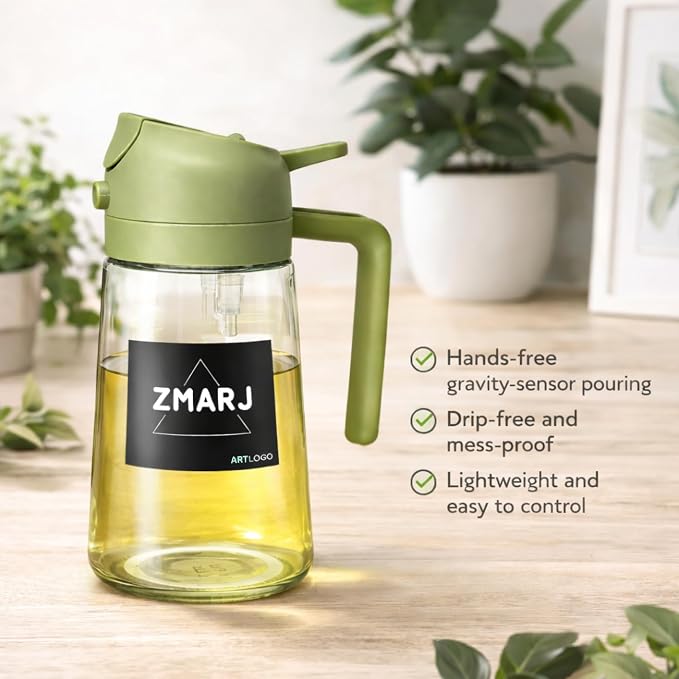 Oil Sprayer for Cooking and Pourer Olive Oil Dispenser For kitchen-Spray Bottle with Fine Mist Oil Sprayer & Controlled Pour Spout For Frying,Salads,BBQ 16oz/470ml Glass Bottle(Green)