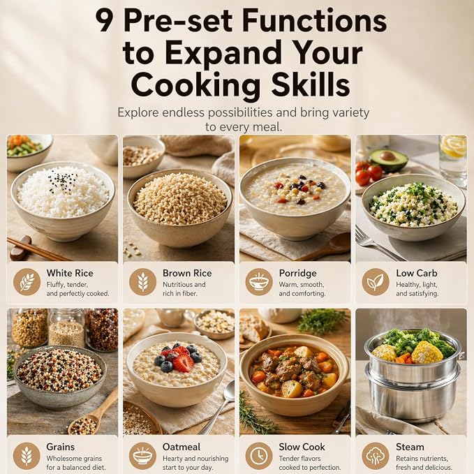 OCTAVO Low Carb Rice Cooker, 5-Cup Uncooked Stainless Steel Inner Pot, Low Sugar Rice Maker with 24H Timer and Auto Keep Warm, Small Rice Maker LED Display, White Rice/Brown Rice/Grains/Oatmeal