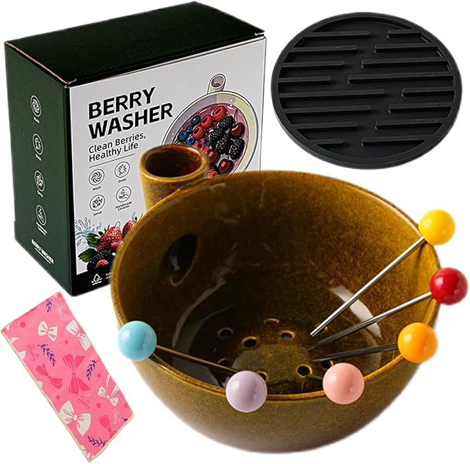 Self Spinning Ceramic Berry Washing Bowl with Drain Holes, 5.5'' Kitchen Fruit Washer Spinner Bowl with Fruit Fork and Waterproof Pad (Small-B)