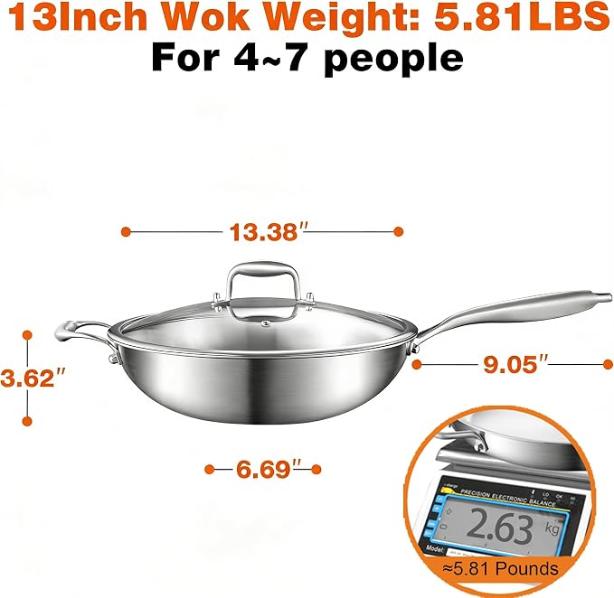 DELARLO Woks & Stir-Fry Pans, 13 in Stainless Steel Pan with Lid, With Side Ear, Large Cooking Surface, Tri-Ply Stainless Steel Wok Pan, 3 Layer Stainless Steel Saute Pan, Works on Induction, 600℉