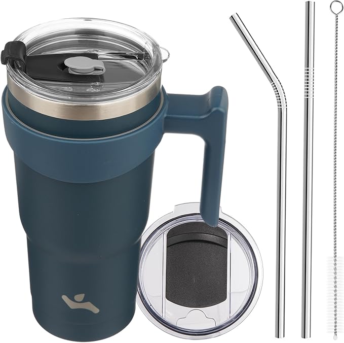 Konokyo 20 oz Tumbler with Handle and Straw, Insulated Travel Mug | Navy Blue; BPA-free, leak-proof tumbler with 2 lids, 2 straws, cup holder fit for coffee, office, travel & daily use