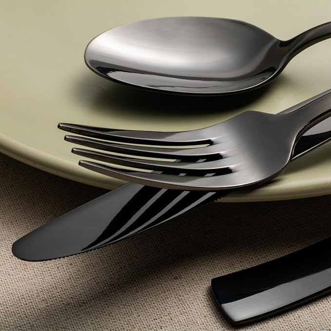 Alata Kate Black Mirror 20-Piece Silverware, Service for 4, Stainless Steel Flatware, Mirror Polished Cutlery, Dishwasher Safe