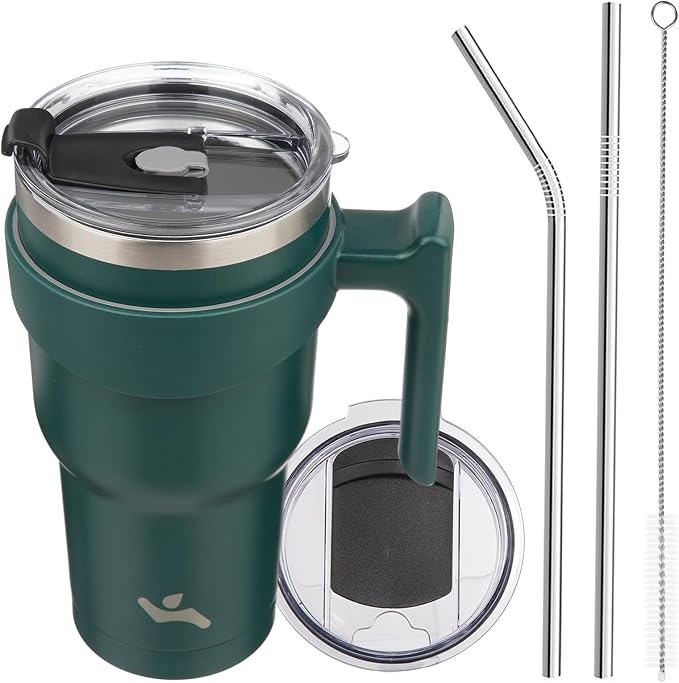 Konokyo 30 oz Tumbler with Handle and Straw, Insulated Travel Mug | Army Green; BPA-free, leak-proof tumbler with 2 lids, 2 straws, cup holder fit for coffee, office, travel & daily use
