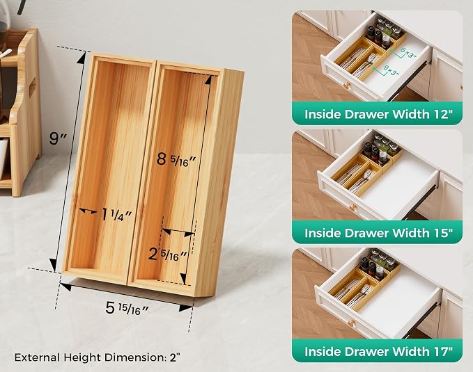 Bamboo Kitchen Drawer Organizer Boxes 9" x 3" Stackable Wooden Organizers | Set of 2 Wood Silverware Utensil Tray for Drawers Bins, Cutlery & Flatware Storage for Junk Drawer, Bathroom, RV