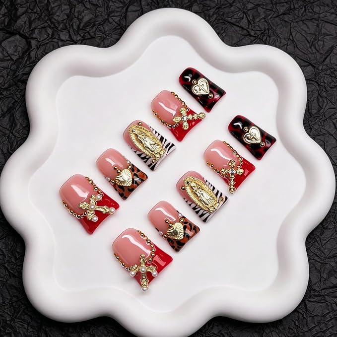 Short Duckbill Press on Nails Handmade False Nails Red French Tips Stick on Nail with Rhinestones & 3D Heart Designs Hand Made Press on Nails Muti-Layer Gel Artificial Acrylic Nail for Women（M)