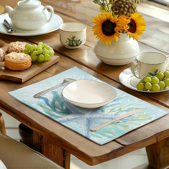 Nautical Coastal Placemats Set of 4 Ocean Coral Starfish Seagrass Beach Theme Table Mat 12x18 Inch Teal Turquoise Blue Summer Linen Fabric Place Mats for Party Kitchen Dining Outdoor Indoor Decor