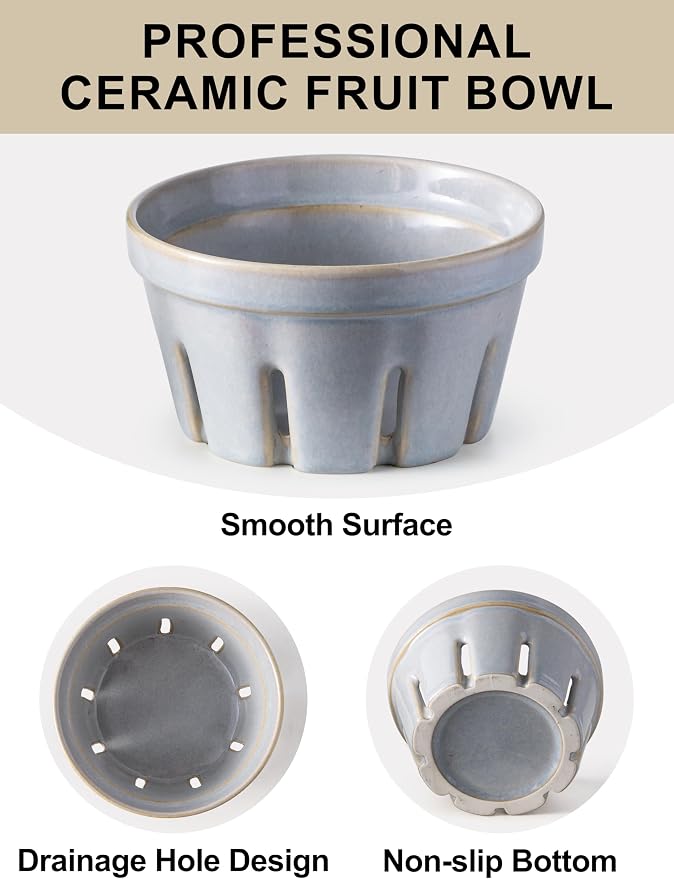 Gomakren Ceramic Berry Bowl Set of 2, Fruit Containers for Fridge, Gray | Drain Holes Keep Berries Fresh, Stackable, Wash & Serve | 5.8In Round Strawberry Grape Cherry Basket, Farmhouse Kitchen Decor