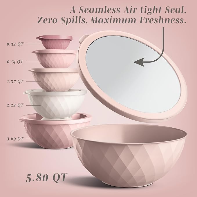 COOK WITH COLOR Mixing Bowls with Lids - 12 Piece Plastic Nesting Bowls Set includes 6 Prep Bowls and 6 Lids, Microwave Safe Mixing Bowl Set, Pink Diamond