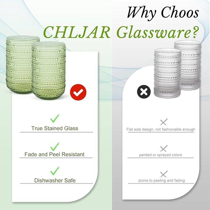 CHLJAR Hobnail Drinking Glasses Set of 6, 14 oz Vintage Glassware Set, Embossed Green Water Tumbler for Beer, Juice, Cocktail, Whiskey, Milk, Green