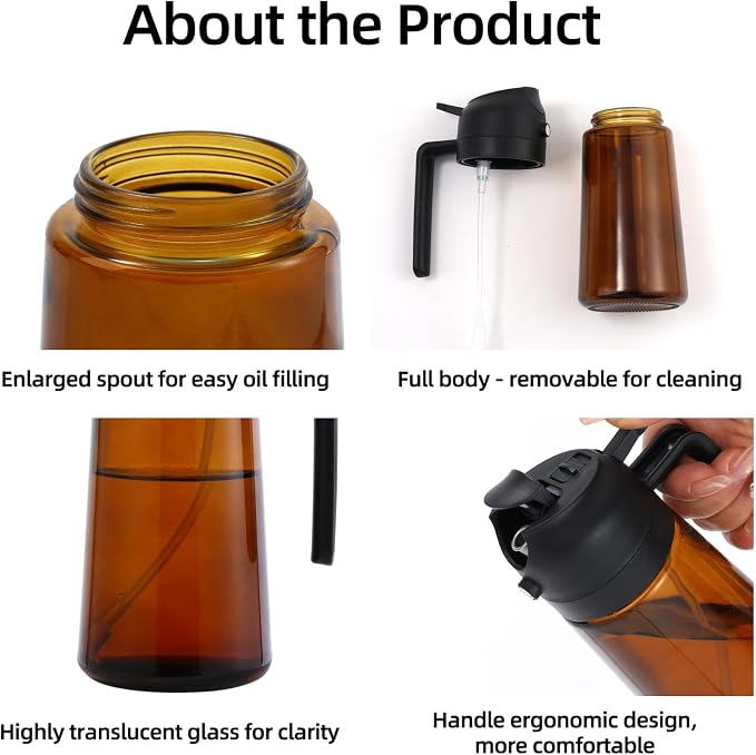 Aovdy 16oz/470ml Glass Oil Dispenser & Sprayer - Leakproof Oil Sprayer Bottle for Kitchen Cooking Air Fryer BBQ Baking Salad (Dark Brown)