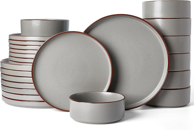 Famiware Nebula Ridge 24-Piece Stoneware Dinnerware Set, Dark Gray | Plates and Bowls for 8, Warm Hand-Painted Rims, Microwave and Dishwasher Safe, Daily Essentials