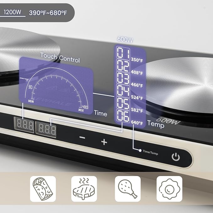 AEWHALE Countertop 2 Burners, Electric Hot Plate | Removable Griddle Pan, Ceramic Non-stick, 1200W+600W, Sensor Touch, Adjustable Temperature/Time