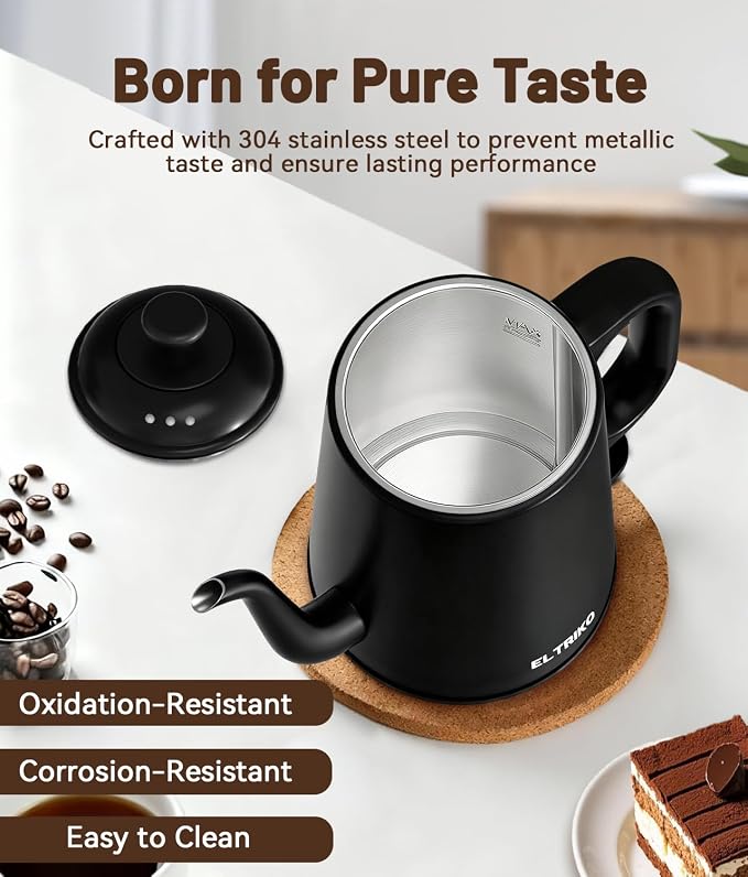 1L Gooseneck Electric Kettle for Pour Over Coffee & Tea | 1000W Fast Heating, Food-Grade Stainless Steel, Auto Shut-Off & Boil-Dry Protection, BPA-Free, Black
