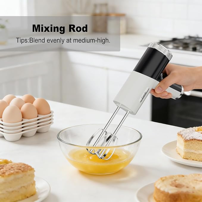 Camic Electric Hand Mixer with 9 Speeds, Powerful Motor, Cordless Hand Mixer with Whisk, Dough Hook and Mixing Rod for Whipping Eggs, Cream, Butter, Jam, Kneading Dough and Blending (White+Black)
