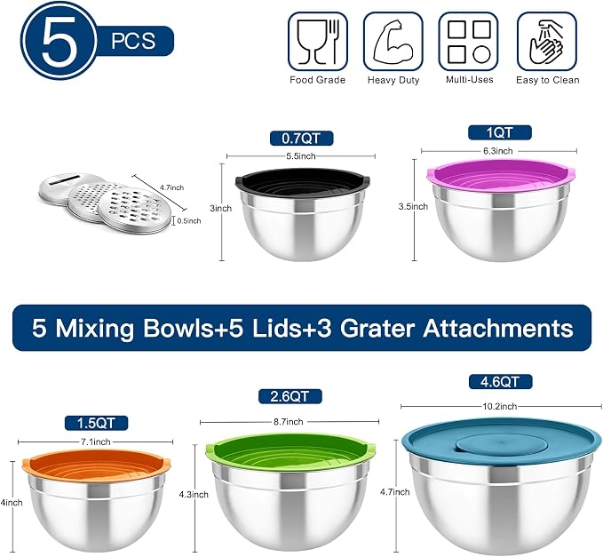 TeamFar Mixing Bowls with Lids, 5PCS Stainless Steel Metal Salad Bowl | with lids & 3 Grater Attachments, for Cooking/Prepping/Serving, Airtight Lids & Easy Clean - 0.7/1/1.5/2.6/4.6QT, Multi-Color