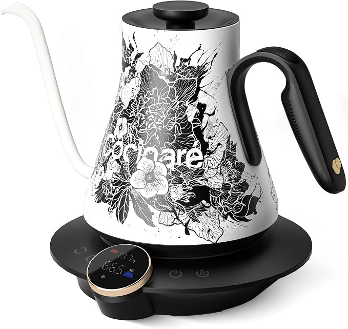 Cocinare Artisan Collection Gooseneck Electric Kettle, ±0.5°F Temperature Control for Pour Over Coffee & Tea, 1500W Fast Heating, Stainless Steel Interior, 0.9L, Blossom Design