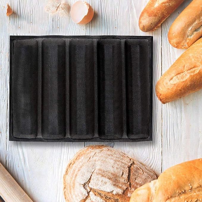 FETESUR Silicone Perforated Baking Form Sandwich Mold, Baguette Pan, Black | Sandwich Bread Mold, Food Proofing Mat, 5 Loaf Non-Stick Baking Liners
