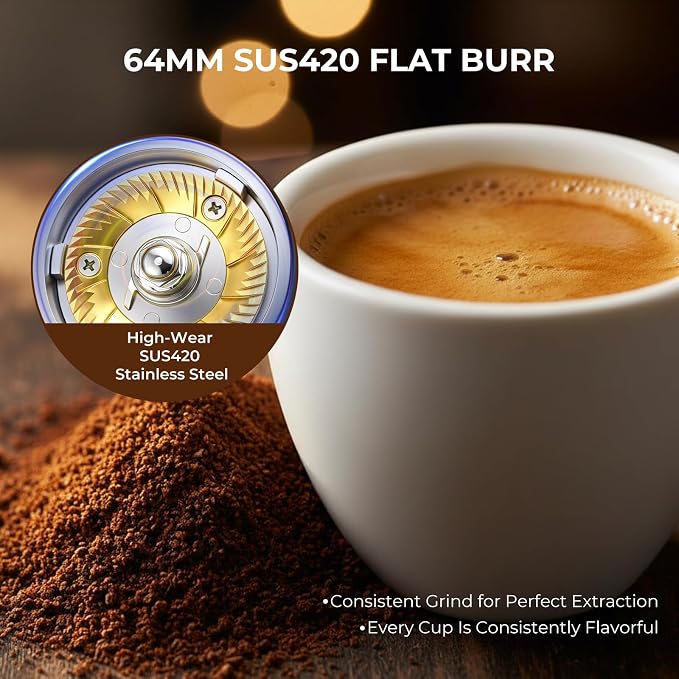 Grind by Weight Commercial Coffee Grinder, 64mm Flat Burr | Touchscreen, ±0.1g precision, dual dosing modes, 14 grind settings, 350w motor, fits portafilters, easy clean, for cafe use