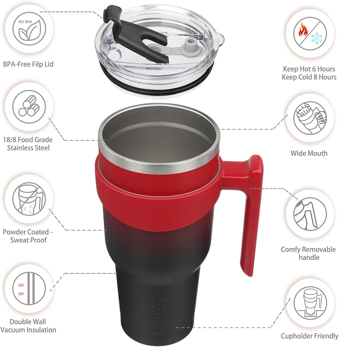 BJPKPK 40 oz Tumbler with Handle & Straw, Insulated Stainless Steel Mug | Double Wall Vacuum, Keeps Hot/Cold, Thermal Cup, BPA Free, Dishwasher Safe, Cupholder Fit, Coffee & Travel, Blood Moon