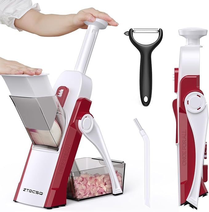 5 in 1 Adjustable Safe Mandoline Slicer for Kitchen with Paring Knife | Safe Mandoline Slicer for Kitchen, Easy to Clean/Storage, Potato Slicing, Strips, Shredding, Dicing, Chop, Cleaning brush