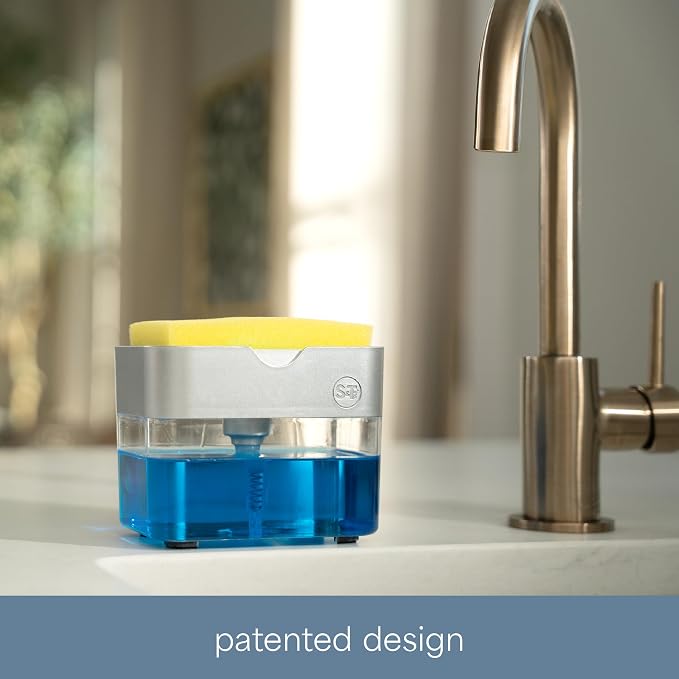 S&T INC. Dish Soap Dispenser and Sponge Holder, Silver | Holds 13 Fluid Ounces, Sponge Included, Anti-Slid Feet, Push to Dispense Perfect Amount of Dish Soap
