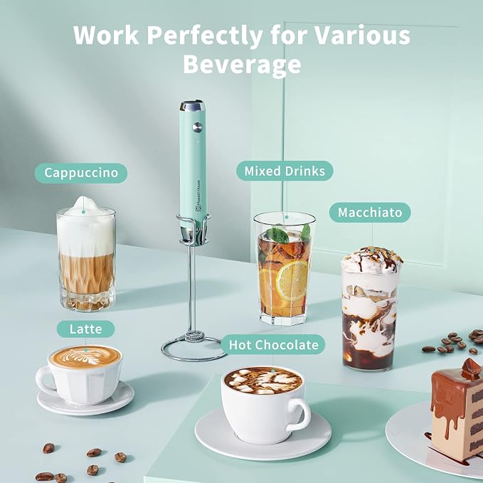 Maestri House LunaFro Rechargeable Milk Frother,Stand & 2 Detachable Whisks | 8000RPM Turbo Motor, 1200mAh lithium battery, Handheld Milk Frother for Lattes, Cappuccino, Matcha & Powdered Supplements