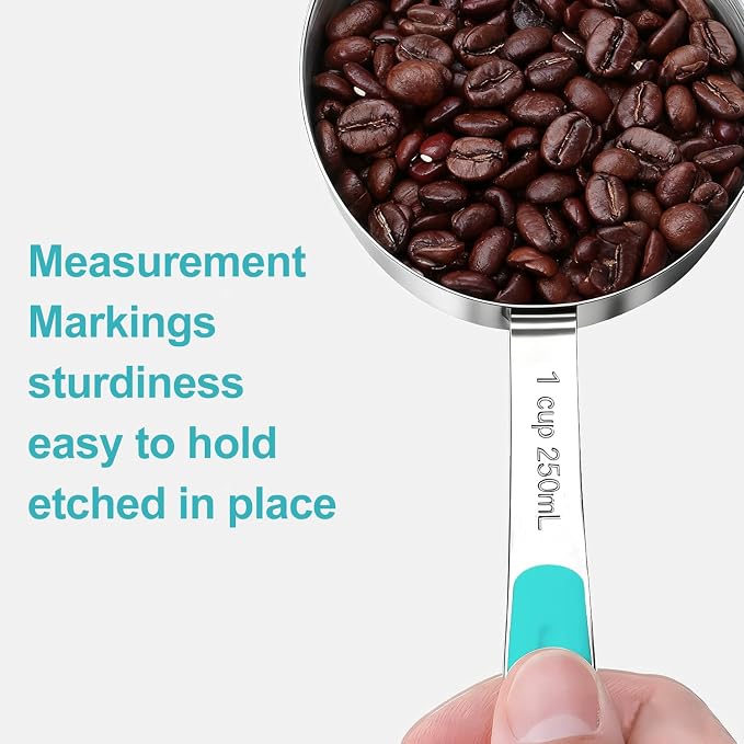 Bopei Measuring Cups and Spoons Set Stainless Steel 10 Piece for Cooking and Baking (5 Cups + 5 Spoons, Aqua Sky Handle)