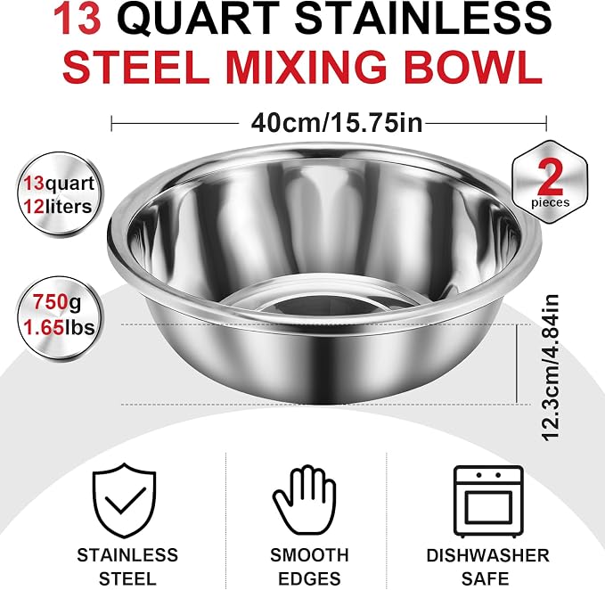 FillTouch 2 Pack Large Mixing Bowl 13 Qt Oversized All Purpose 304 Stainless Steel Polished Mirror Flat Base Metal Bowl for Home or Commercial Prepping Baking Mixing Marinating