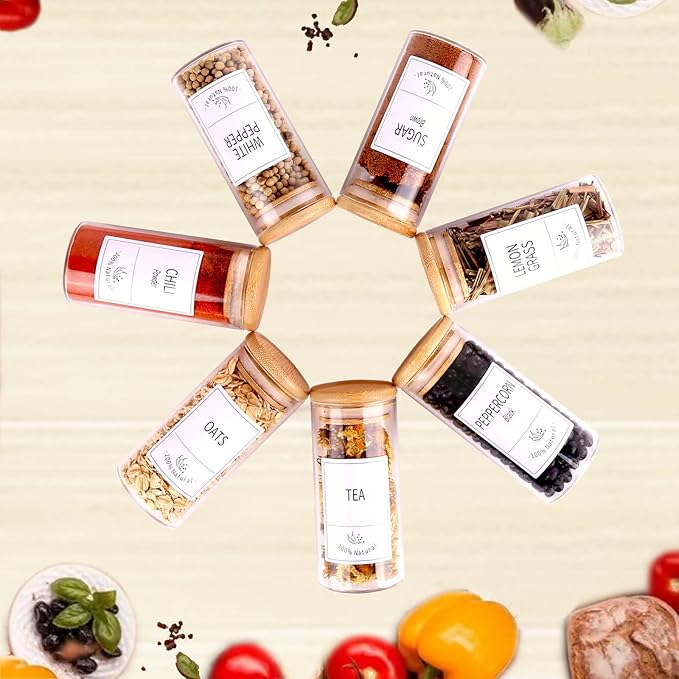 Churboro 30 Pack 4oz Glass Spice Jars with Bamboo Lids, 400 Labels | Empty Spice Bottles with Labels, Airtight Wood Lids, Funnel & Chalk Pen. Keep Seasoning Containers Neat and Organized