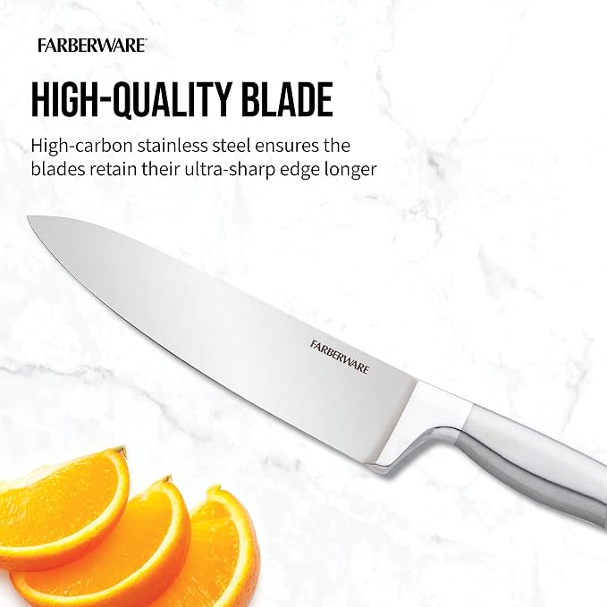 Farberware Self-Sharpening Knife Block Set, 13-Piece Kitchen Knife Set with EdgeKeeper Technology, High-Carbon Stainless Steel Blades, Ergonomic Hollow Handles, Black Wood Block