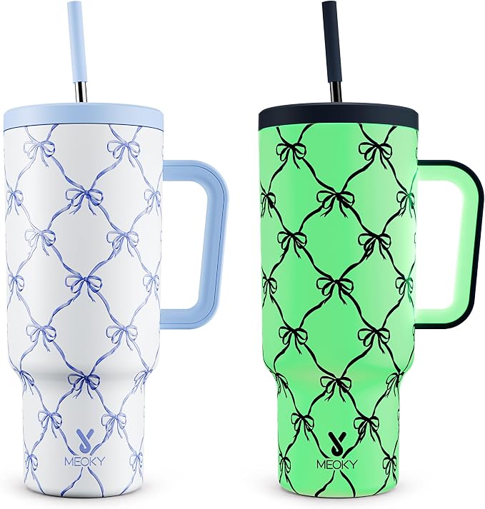 Meoky Glow in the Dark Tumbler: 40 oz Tumbler with Handle and Straw- Stainless Steel Insulated Tumbler for Car Cup Holders - Travelers Commuters Workers (1 Pack, Blue Bow)