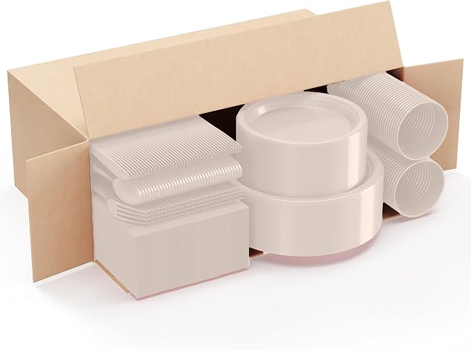 Exquisite 350 Pcs Ivory plates and napkins Party supplies Plate Set | Sturdy Plastic Dinnerware Set with 9" & 7" Plates, 12 Oz Cups, Napkins and Cutlery Serves 50 For Birthdays & Everyday