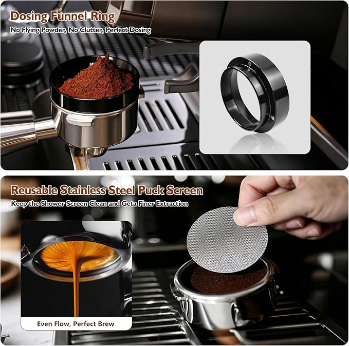 54mm Espresso Accessories Kit, 7Pcs Coffee Tamper Set with Wooden Tamping Station, Tamper, WDT Tool, Distributor, Puck Screen and Dosing Funnel, Espresso Tool Kit Fits 54mm Espresso Portafilter