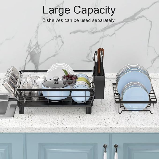 Small 2 Tier Dish Drying Rack, Space Saving Dish Racks for Kitchen Counter, Kitchen Organizer Dish Drainer with Cutlery Holder for Spoons and Forks, 11''W x 15''L, Black