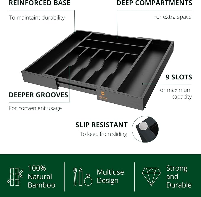 ROYAL CRAFT WOOD Luxury Bamboo Kitchen Drawer Organizer - Silverware Organizer - Utensil Holder and Cutlery Tray with Grooved Drawer Dividers for Flatware and Kitchen Utensils (9 Slot, Black)