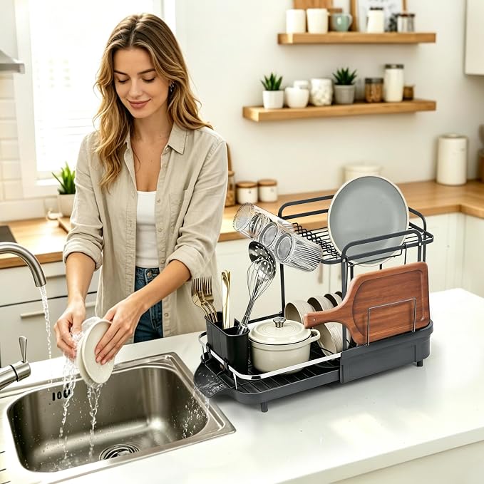 Expandable Stainless Steel 2-Tier Large Capacity Dish Drying Rack, Auto Drain Kitchen Counter Drainer with Rotatable Multi-Slot, Drainboard, Utensil, Cup Cutting Board Holder, 15"-22.4" Adjustable