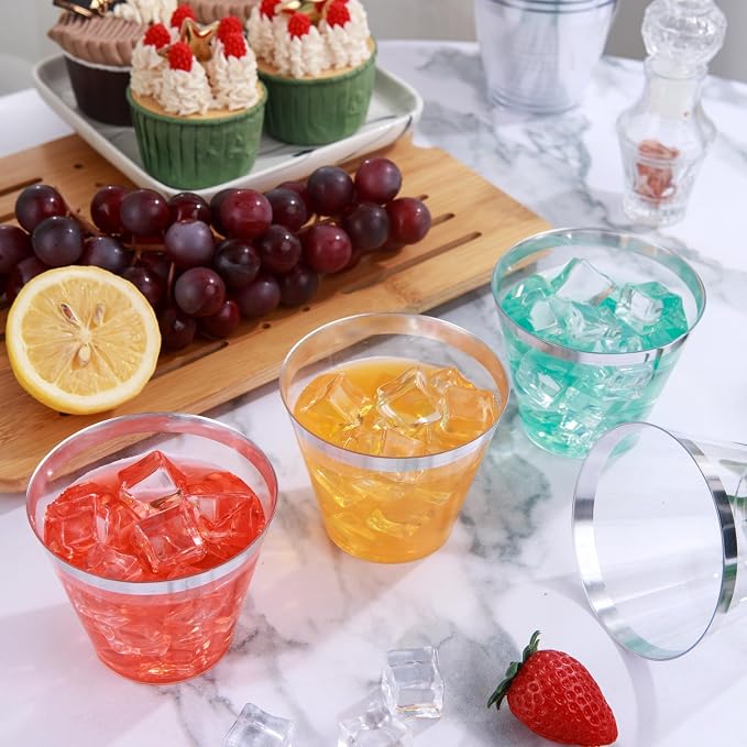 IOOOOO I00000 100PCS Silver Plastic Cups,9 oz Clear Plastic Cups with Silver Trim, Heavy-Duty Disposable Hard Cup For Party, Premium Cup Perfect for Wedding & Party
