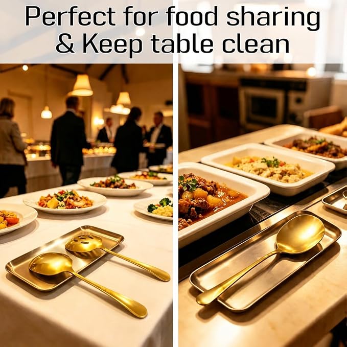 4-piece Gold Serving Spoons, 18/8 stainless steel, Large Buffet Serving Spoon, 2 Slotted Spoons & 2 Solid Spoons, Heavy Duty 304 Stainless Steel Tabletop Flatware Utensil for Banquet and Kitchen