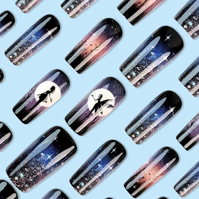 24Pcs Medium Press on Nails Square Coffin Fake Nails Purple Black Starry False Nails Press ons Nail Kit with Glitter Ombre Design Glossy Glue on Nails Full Cover Stick on Nail for Women Manicure