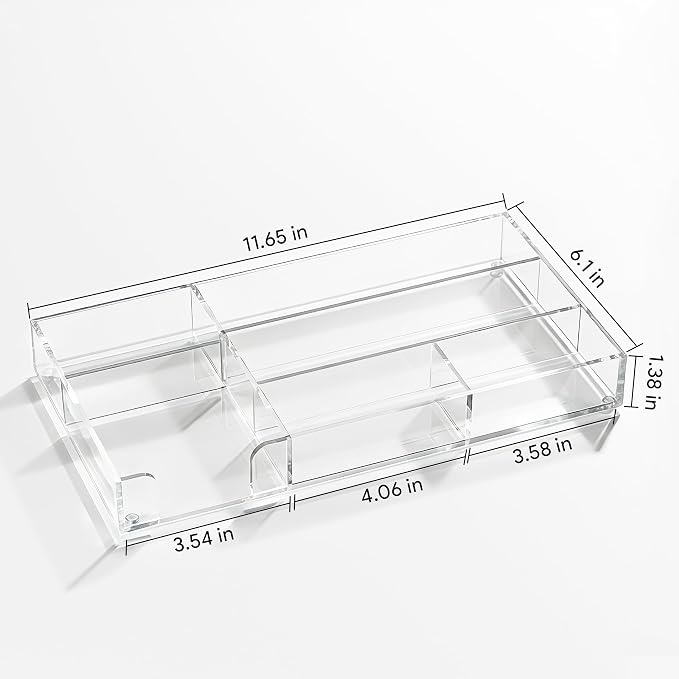 HBlife Acrylic Desk Drawer Organizer Tray with 6 Compartments, Small Clear Office Drawer Organizers and Accessories for Pens, Pencil, Makeup, Desktop, Bathroom and Kitchen, 11.65 x 6.1 x 1.38 Inch