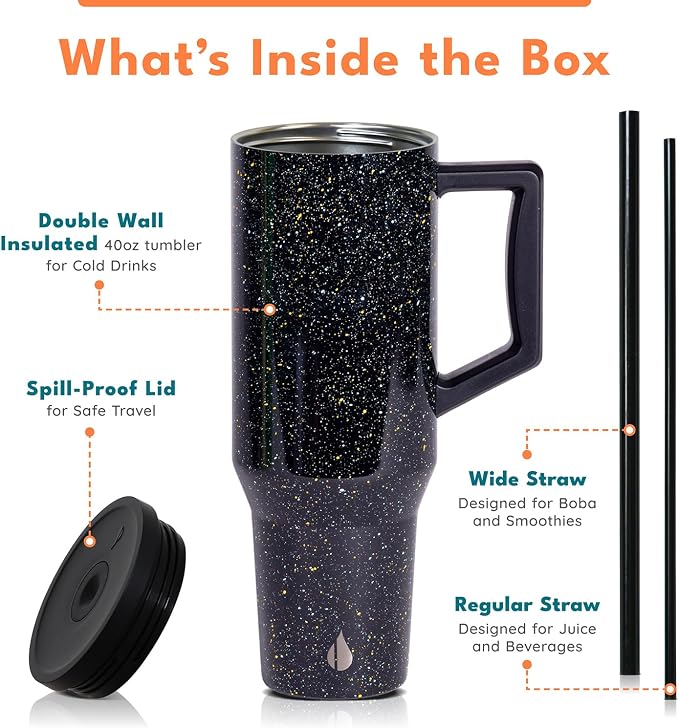 Elemental Spill Proof 40oz Insulated Tumbler with Handle & Straw Travel Mug | Stainless Steel Commuter Travel Coffee Mug for Cold Beverages, Includes 2 Straws & a Spill Proof Lid for Everyday Use