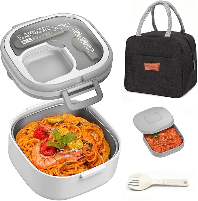 All-in-one Stainless Steel Bento Box with Insulated bag,Leak-Proof,1-Tier Bento box,Lunch Box With Portable Sauce Pod and Cutlery-for Kids/Toddler,Dishwasher Safe,White