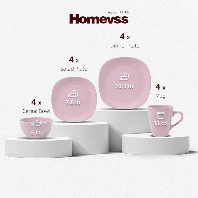 HomeVss, Stoneware Square 16pc Dinnerware Set, Matte Rose