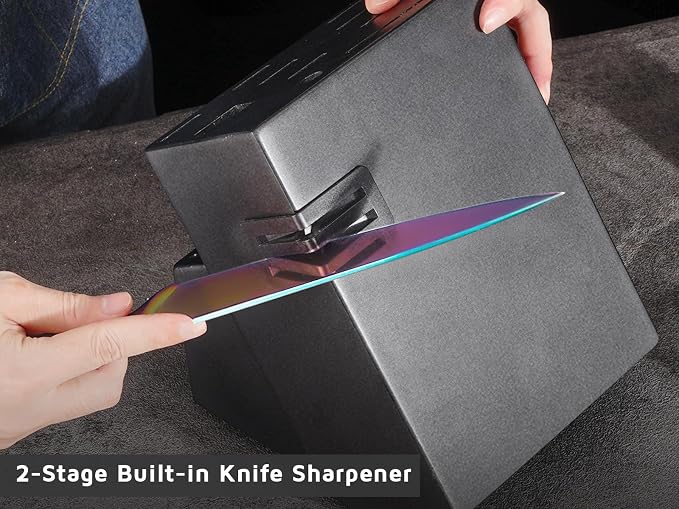 Rainbow Knife Block Set 27-Piece, Iridescent German Stainless Steel Kitchen Knives Set with Wooden Holder, Colorful Titanium Coating, Include Scissors and 2-Stage Built-in Sharpener and 8pcs Gadgets