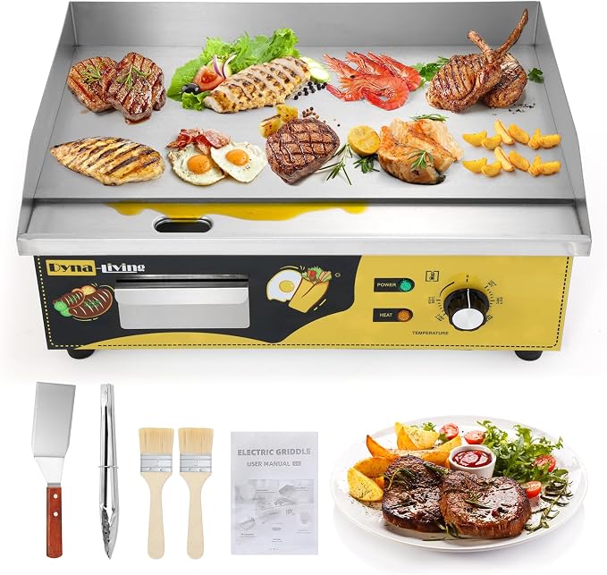 Dyna-Living Commercial Electric Griddle 22'' Stainless Steel Flat Top Grill | 3000W Countertop Flat Top Griddle Indoor Teppanyaki Grill for Restaurant, Non-Stick, Easy to Clean, 122℉-572℉ Temp Adjustable