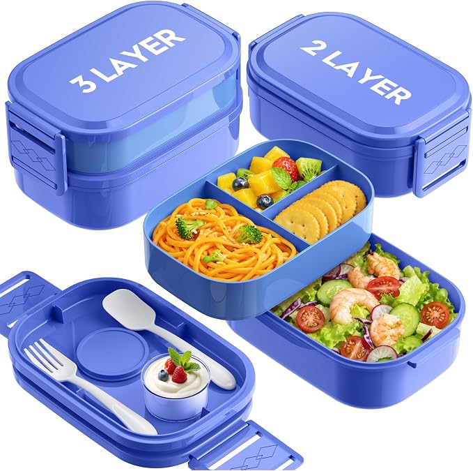 Bento Lunch Box, 65 oz 3-Tier Stackable Lunch Container, Adjustable 2/3 Tier Design, BPA-Free Food-Grade Plastic, Leakproof, Microwave & Dishwasher Safe, Blue
