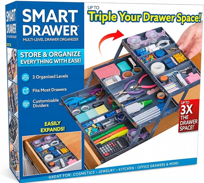 Ontel Smart Drawer Organizer - Multi-level Jewelry Holder, Cosmetics Organizer, or Office Drawer Organizer with Adjustable Dividers for Organization and Storage, Fits Drawers 9.5"W x 7.5"L x 2.75"D