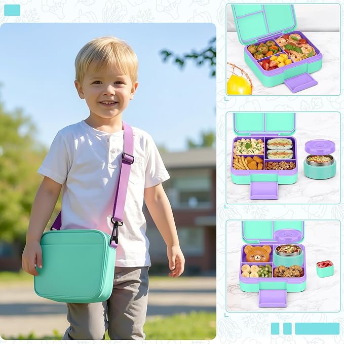 WyfKyd Bento Lunch Box Set with Soup Thermo Food Container for Kids Adults | Bento Box Set with 9.5oz Soup Thermo Kids Leak-proof Lunch Box Container with Insulated Hot Food Jar and Bag for School Green