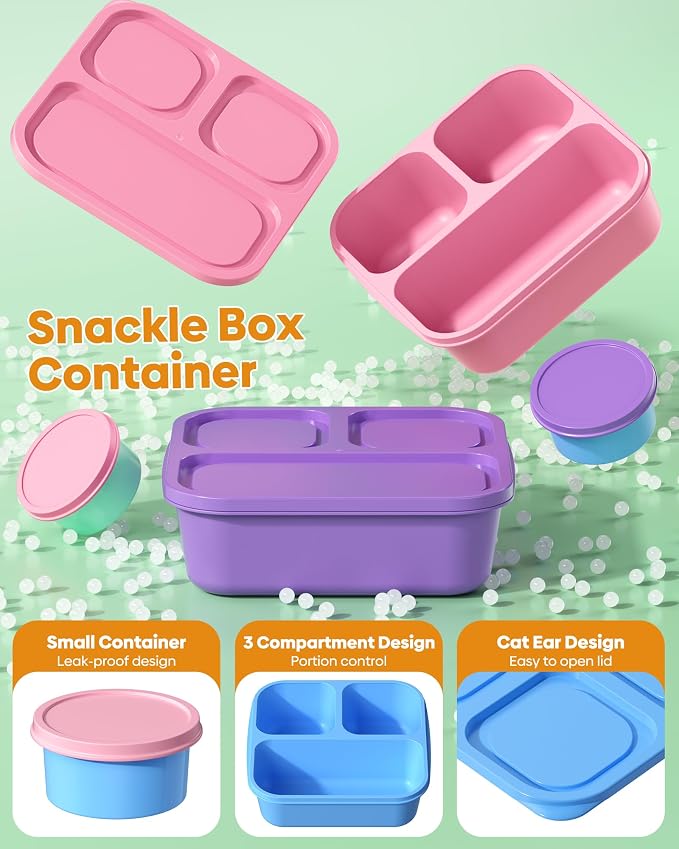 Canfanni 4 Pcs Bento Box Set, Reusable 3 Compartments Snack Boxes with 2 Leakproof Small Containers, Stackable Meal Prep Lunch Containers for School, Work, and Travel